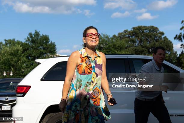 Sen. Kyrsten Sinema arrives at the U.S. Capitol for a vote on August 1, 2022 in Washington, DC. In the final week before August recess, Senate...
