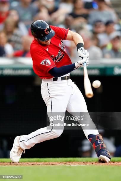 Owen Miller of the Cleveland Guardians hits a two-run home run off Zach Davies of the Arizona Diamondbacks during the second inning at Progressive...