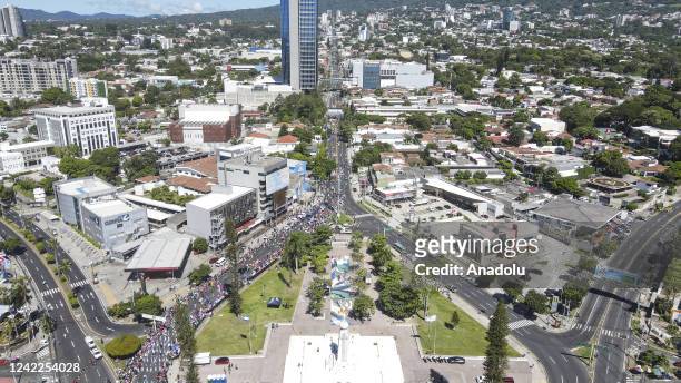 Aerial view of the August vacation parade during the Salvadoran capital patron saint festivity in San Salvador, El Salvador, on August 1, 2022.