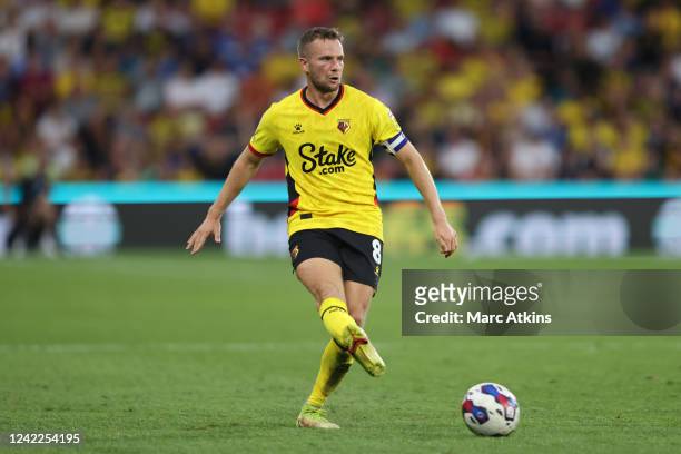 Tom Cleverley of Watford during the Sky Bet Championship between Watford and Sheffield United at Vicarage Road on August 1, 2022 in Watford, United...
