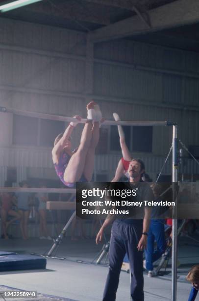 Mary Lou Retton training, appearing on the ABC Sports tv special 'Mary Lou Retton and Julie Ann McNamara'.