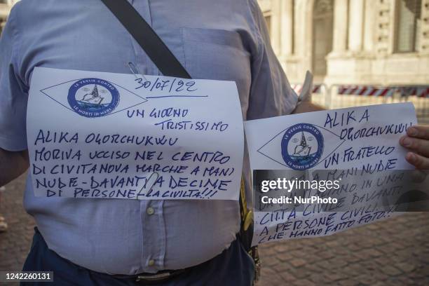 Solidarity and protest garrison organized in Milan on 1 August following the brutal killing of Alika Ogochukwu in Civitanova Marche on 30 July 2022...