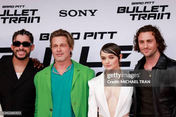 Puerto Rican rapper-actor Bad Bunny, US actor Brad Pitt, US actress Joey King and English actor Aaron Taylor-Johnson attend the Los Angeles premiere...