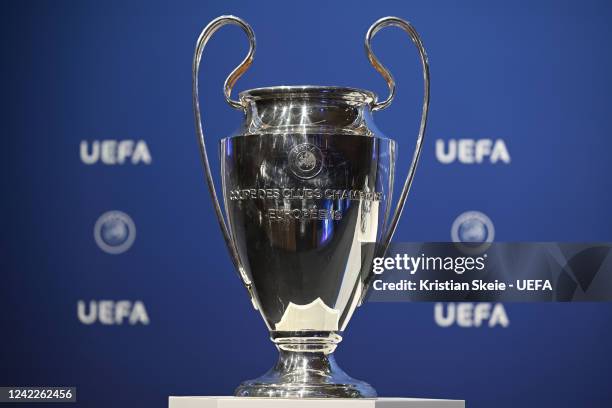 Champions League Trophy during the UEFA Champions League 2022/23 Play-offs Round Draw at the UEFA headquarters, The House of European Football, on...