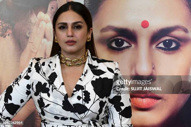 Bollywood actress Huma Qureshi poses for pictures during the promotion of her television Hindi web series 'Maharani Season 2' in Mumbai on August 2,...