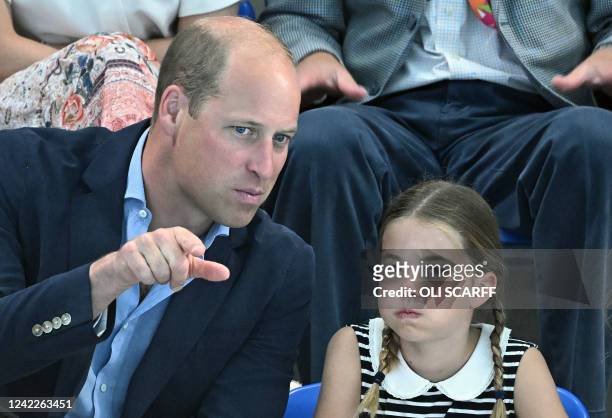 Britain's Princess Charlotte of Cambridge and Britain's Prince William, Duke of Cambridge watch the men's 1500m freestyle heats swimming event at the...