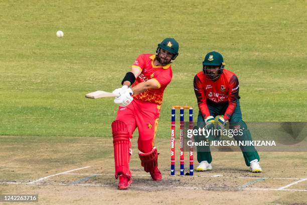 Zimbabwe batsman Ryan Burl plays a shot during the third and final T20 cricket match played between Bangladesh and hosts Zimbabwe, on August 2 2022...