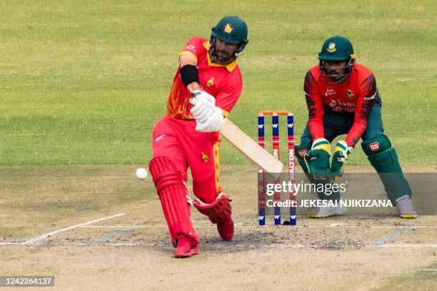 Zimbabwe batsman Ryan Burl plays a shot during the third and final T20 cricket match played between Bangladesh and hosts Zimbabwe, on August 2 2022...