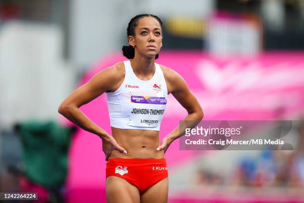 Katarina Johnson-Thompson of Team England looks on during the Women's Heptathlon High Jump on day five of the Birmingham 2022 Commonwealth Games at...