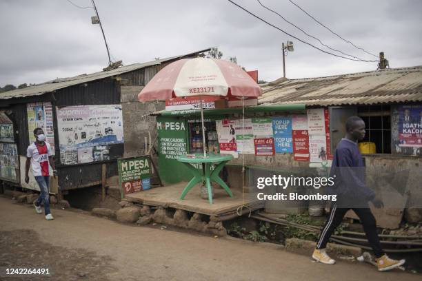 Mobile money kiosk on a street in the Kibera district of Nairobi, Kenya, on Monday, Aug. 1, 2022. Kenyans will head to the polls on Aug. 9 to choose...