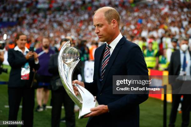 Prince William,Duke of Cambridge with the trophy after the UEFA Women's Euro England 2022 final match between England and Germany at Wembley Stadium...