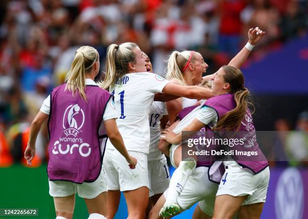 Chloe Kelly of England Celebrates winning the tournament with her team during the UEFA Women's Euro England 2022 final match between England and...
