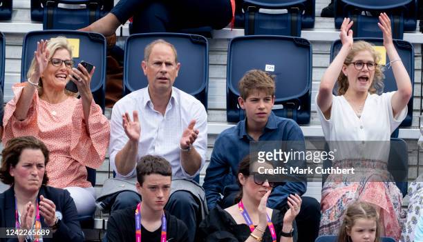 Sophie, Countess of Wessex and Prince Edward, Earl of Wessex with James Viscount Severn and Lady Louise Windsor at the hockey match between England...