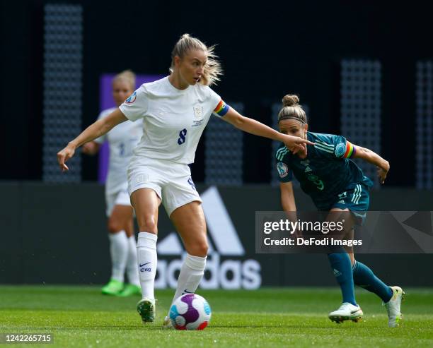 Leah Williamson of England controls the ball during the UEFA Women's Euro England 2022 final match between England and Germany at Wembley Stadium on...