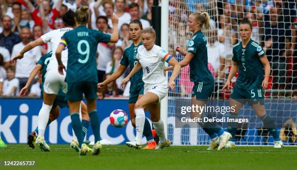 Leah Williamson of England controls the ball during the UEFA Women's Euro England 2022 final match between England and Germany at Wembley Stadium on...