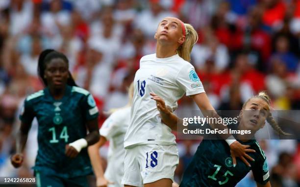 Giulla Gwinn of Germany and Chloe Kelly of England battle for the ball during the UEFA Women's Euro England 2022 final match between England and...