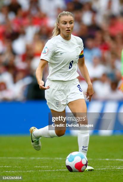 Leah Williamson of England controls the ball during the UEFA Women's Euro England 2022 final match between England and Germany at Wembley Stadium on...