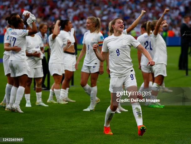 Ellen White of England Celebrates winning the tournament with her team during the UEFA Women's Euro England 2022 final match between England and...