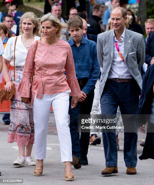 Sophie, Countess of Wessex and Prince Edward, Earl of Wessex with James Viscount Severn and Lady Louise Windsor attend the hockey match between...