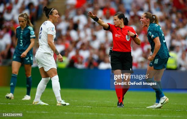 Referee Kateryna Monzul of Ukraine gestures during the UEFA Women's Euro England 2022 final match between England and Germany at Wembley Stadium on...