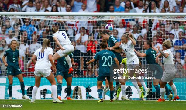 Leah Williamson of England header during the UEFA Women's Euro England 2022 final match between England and Germany at Wembley Stadium on July 31,...
