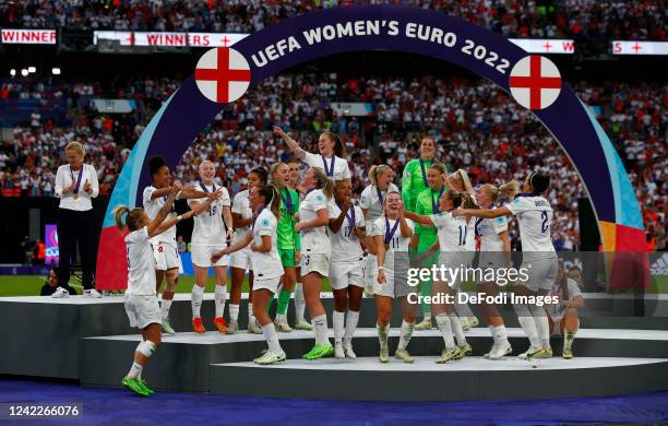 England players celebrate the victory during the UEFA Women's Euro England 2022 final match between England and Germany at Wembley Stadium on July...