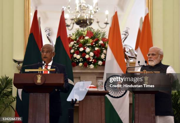 Prime Minister Narendra Modi and Maldives' President Ibrahim Mohamed Solih attend the joint media briefing and MoU signing at the Hyderabad House on...