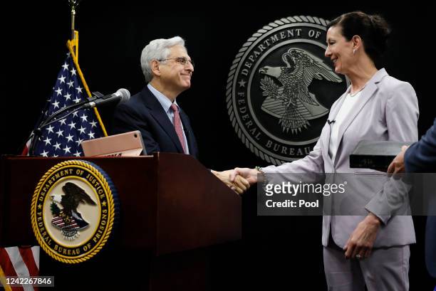 Attorney General Merrick Garland swears in new Bureau of Prisons Director Colette Peters at BOP headquarters on August 2, 2022 in Washington, DC....