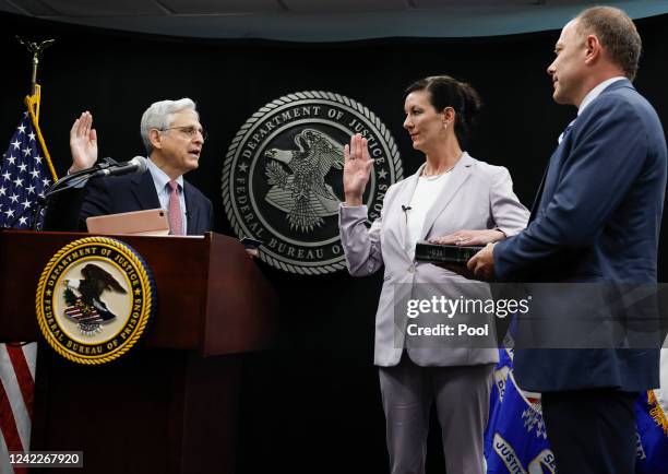 Attorney General Merrick Garland swears in new Bureau of Prisons Director Colette Peters at BOP headquarters on August 2, 2022 in Washington, DC....