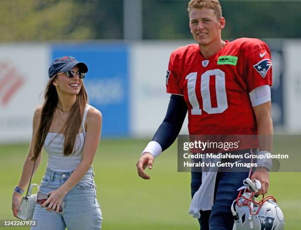 August 2: Mac Jones of the New England Patriots with his girlfriend Sophie Scott during training camp at Gillette Stadium on August 2, 2022 in...