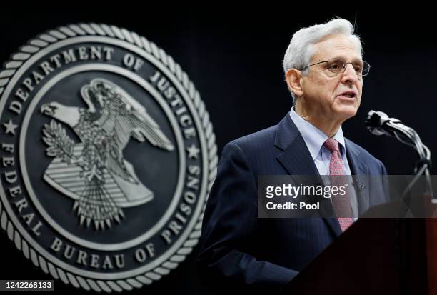 Attorney General Merrick Garland speaks at the swearing in for the new Bureau of Prisons Director Colette Peters at BOP headquarters on August 2,...