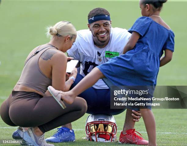 August 2: New England Patriots Kendrick Bourne with his girlfriend during training camp at Gillette Stadium on August 2, 2022 in Foxboro,...