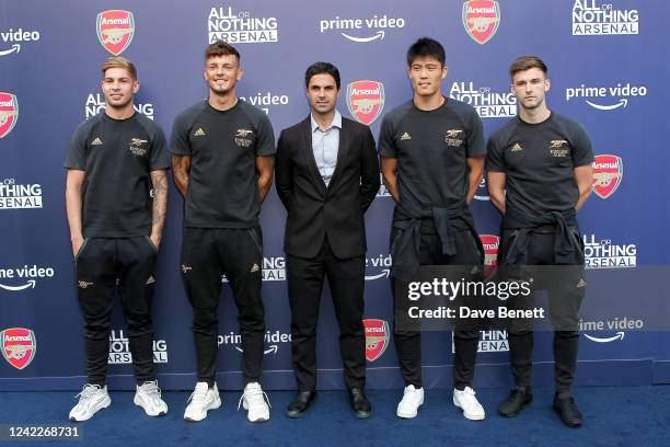 Footballer Emile Smith-Rowe, Ben White, Arsenal Manager Mikel Arteta, Takehiro Tomiyasu and Kieran Tierney attend the Global Premiere of "All or...