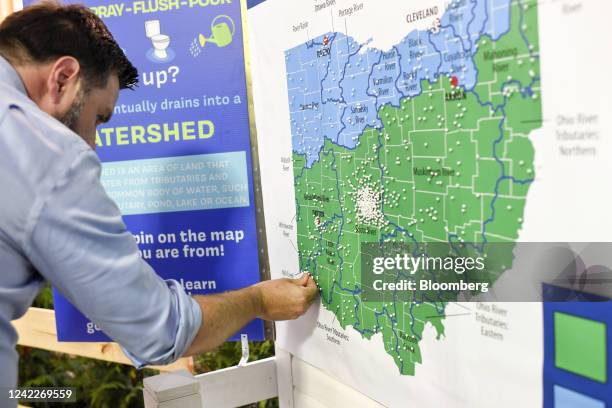 Vance, co-founder of Narya Capital Management LLC and U.S. Republican Senate candidate for Ohio, puts a pin on an interactive map marking the...