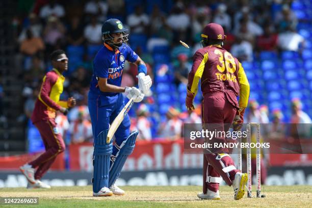 Shreyas Iyer , of India, dismissed by Devon Thomas , of West Indies, during the third T20I match between West Indies and India at Warner Park in...