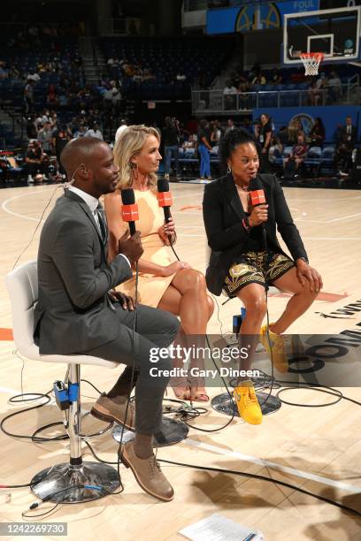 Michael Grady, Sarah Kustok and Dawn Staley commentate before the 2022 WNBA Commissioner's Cup Game on July 26, 2022 at the Wintrust Arena in...