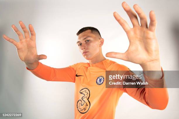 Gabriel Slonina of Chelsea during his unveiling as a Chelsea player at Chelsea Training Ground on August 2, 2022 in Cobham, England.