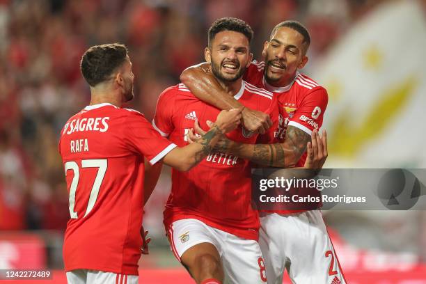 Goncalo Ramos of SL Benfica celebrates scoring SL Benfica fourth and his third goal with Gilberto and Rafa Silva of SL Benfica during SL Benfica v FC...