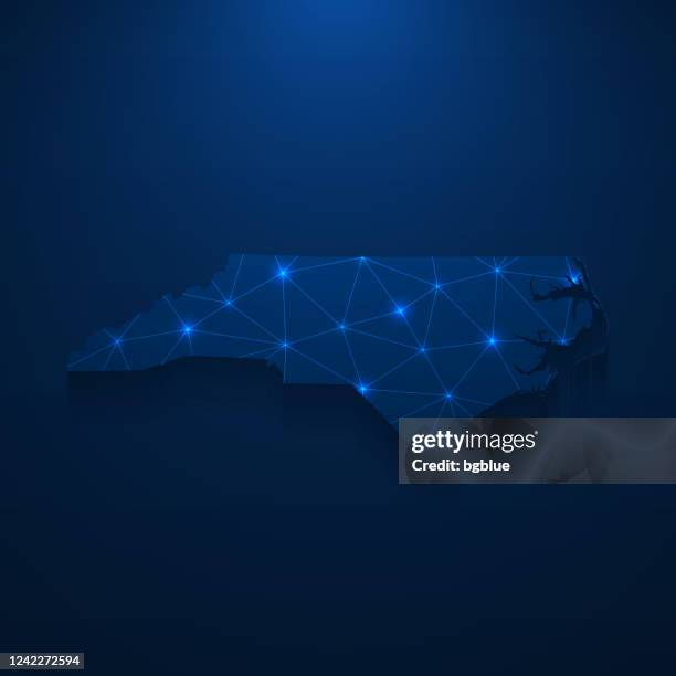north carolina map network - bright mesh on dark blue background - sparkle border stock illustrations
