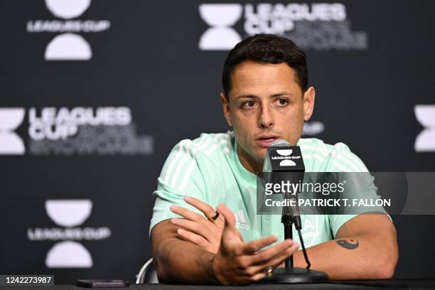 Galaxy's Mexican striker Javier Hernandez speaks during a press conference at Dignity Health Sports Park ahead of the Leagues Cup Showcase match...