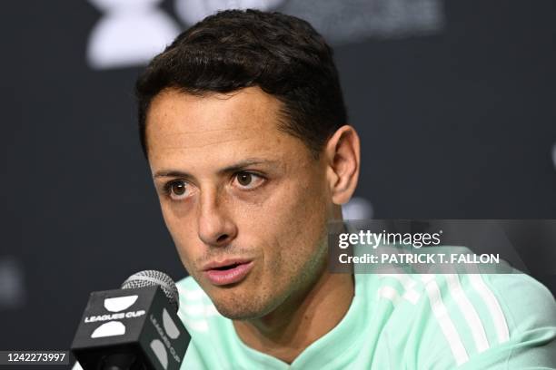 Galaxy's Mexican striker Javier Hernandez speaks during a press conference at Dignity Health Sports Park ahead of the Leagues Cup Showcase match...