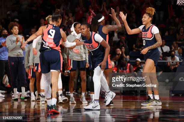 The Washington Mystics celebrate during the game against the Las Vegas Aces on August 2, 2022 at Entertainment & Sports Arena in Washington, DC. NOTE...