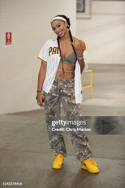 DiJonai Carrington of the Connecticut Sun arrives to the arena before the game against the Phoenix Mercury on August 2, 2022 at Mohegan Sun Arena in...