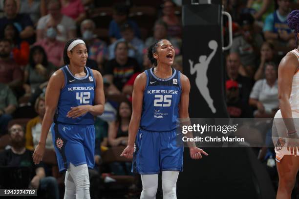 Alyssa Thomas of the Connecticut Sun reacts to a play during the game against the Phoenix Mercury on August 2, 2022 at Mohegan Sun Arena in...