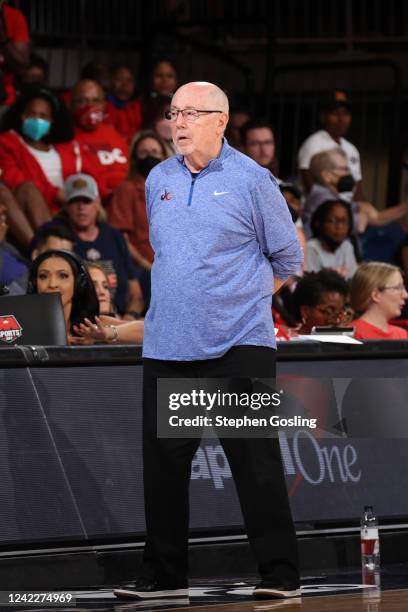 Head Coach Mike Thibault of the Washington Mystics looks on during the game against the Las Vegas Aces on August 2, 2022 at Entertainment & Sports...