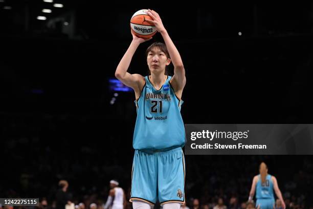 Han Xu of the New York Liberty shoots a free throw against the Los Angeles Sparks on August 2, 2022 at the Barclays Center in Brooklyn, New York....