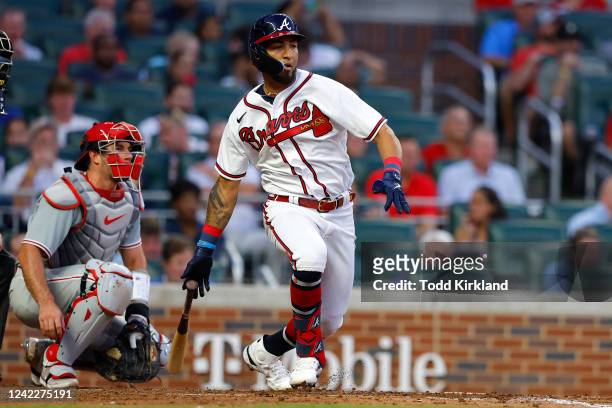 Eddie Rosario of the Atlanta Braves hits a two RBI single during the third inning against the Philadelphia Phillies at Truist Park on August 2, 2022...