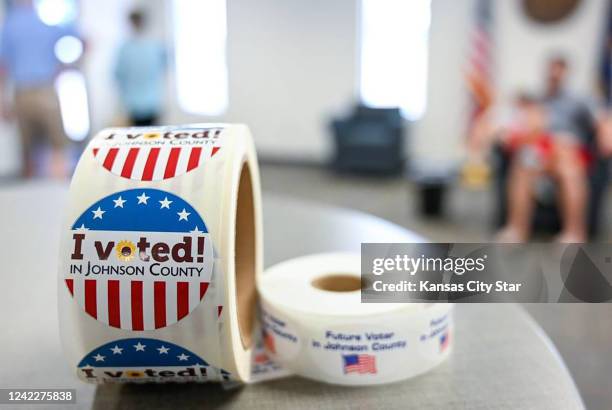 &quot;I Voted&quot; stickers were available after voters cast their ballots on July 28 at the Johnson County Election Office in Olathe, Kansas.