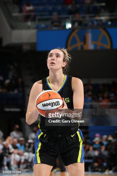 Marina Mabrey of the Dallas Wings shoots a free throw during the game against the Chicago Sky on August 2, 2022 at the Wintrust Arena in Chicago,...