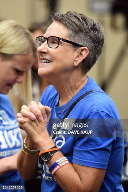 Jo Dee Adelung celebrates as Johnson County Kansas went strongly for pro-choice during the Kansas for Constitutional Freedom primary election watch...